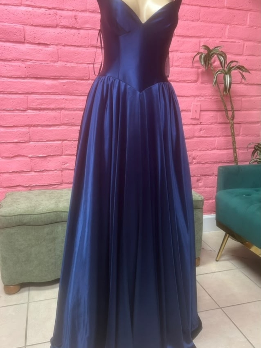 Satin Navy Prom Gown - Floor-Length A-Line - Picture 2 of 4